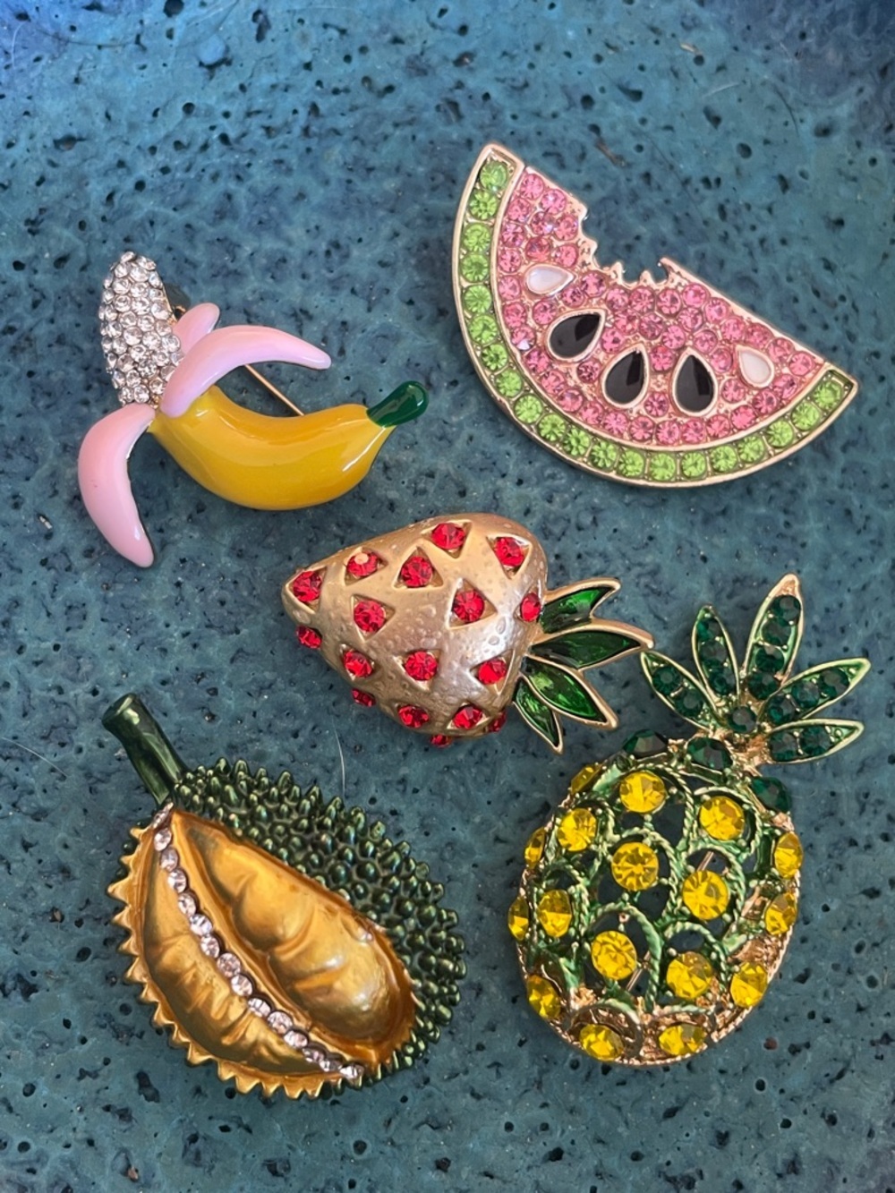 Crystal Fruit Brooch Bundle Watermelon Pineapple Strawberry Resort Vacation Stat